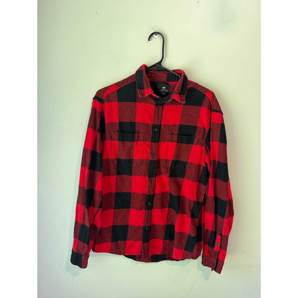 HM Men Red Black Buffalo Plaid Flannel Relaxed Fit Button Down Shirt Small